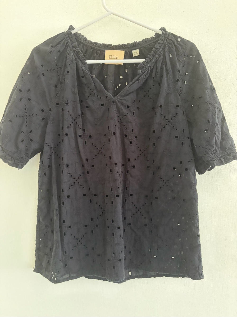 Elle Black Eyelet Short Sleeve Peasant Top
